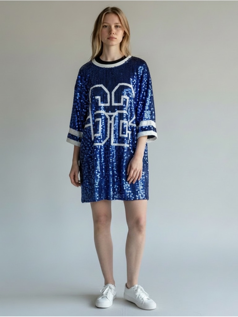 Blue Sequin Jersey Mini Dress with White Trim
